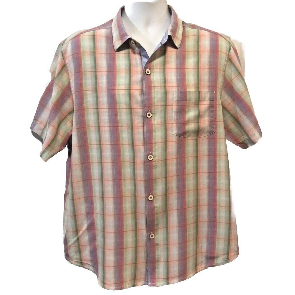 Tommy Bahama Men's Size L Ombré Isles Plaid 100% Silk Very Berry SS Camp Shirt